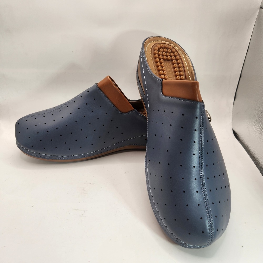 Ecetana Womens EU 42 Blue Tan Clogs Slip On Mules Massage Footbed Minimalist